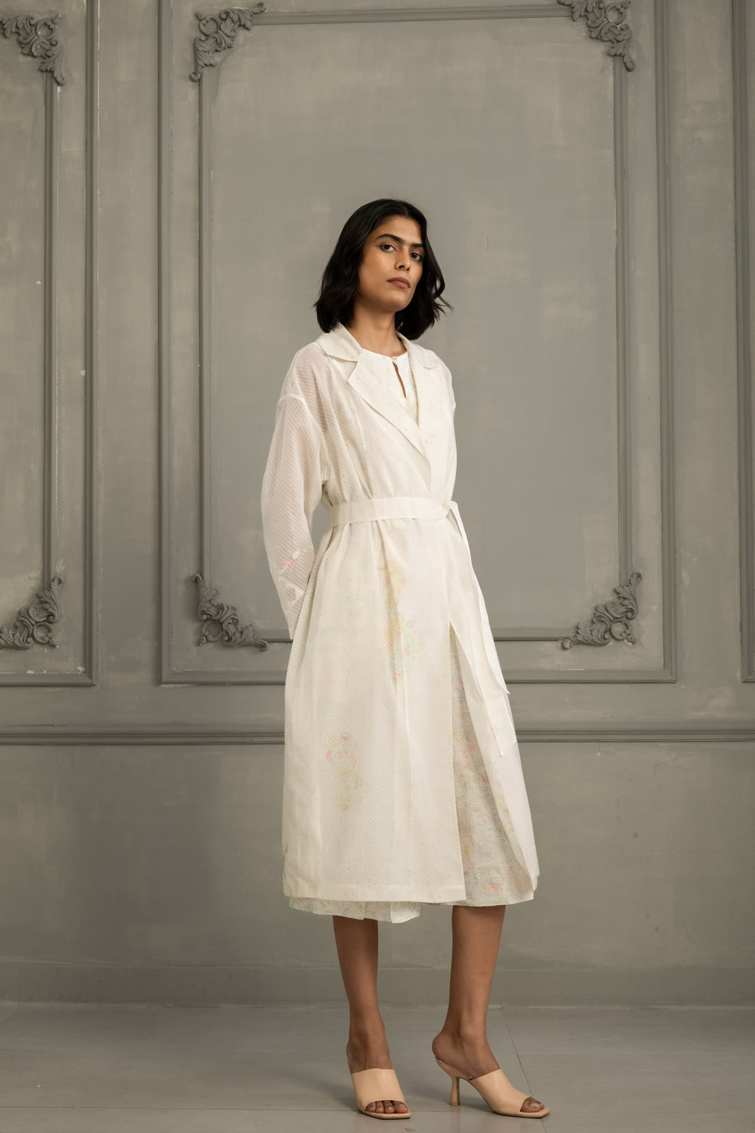 Ivory Quilting Mul Chanderi Jacket With Embroidery and Multiprint Jumpsuit in Linen