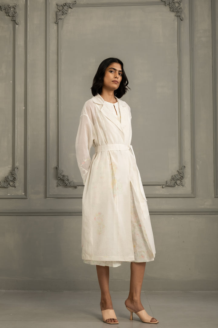 Ivory Quilting Mul Chanderi Jacket With Embroidery and Multiprint Jumpsuit in Linen