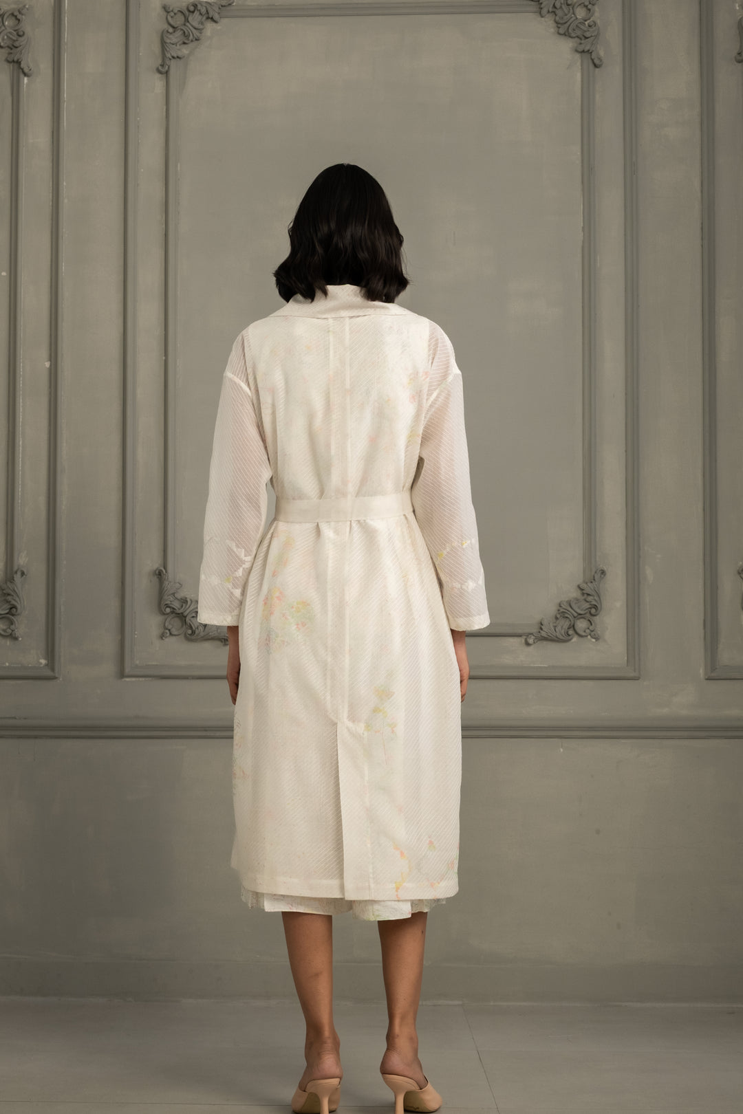 Ivory Quilting Mul Chanderi Jacket With Embroidery and Multiprint Jumpsuit in Linen