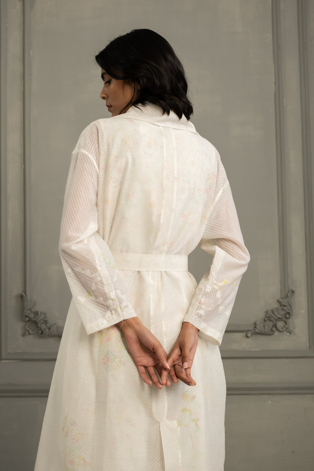 Ivory Quilting Mul Chanderi Jacket With Embroidery and Multiprint Jumpsuit in Linen