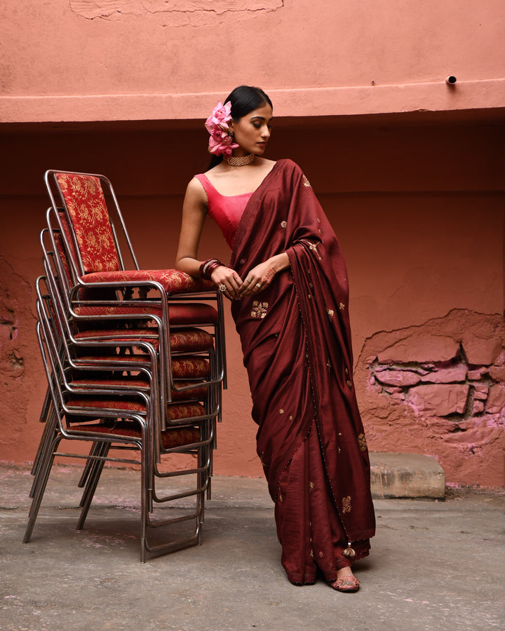 mahogany hand embroidered saree with vermillion blouse