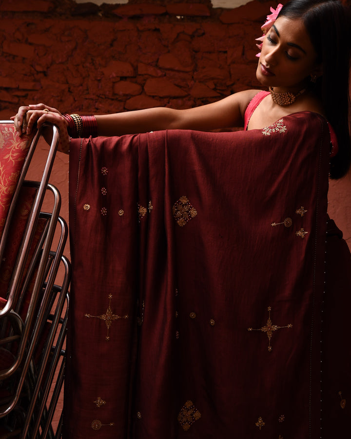 mahogany hand embroidered saree with vermillion blouse