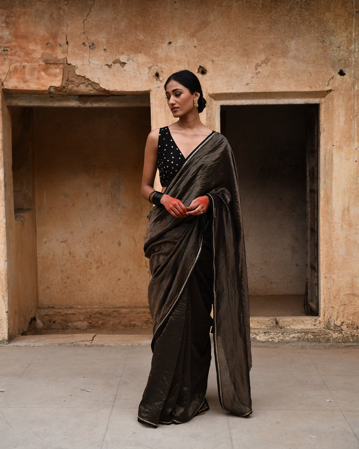 black tissue striped saree with blouse