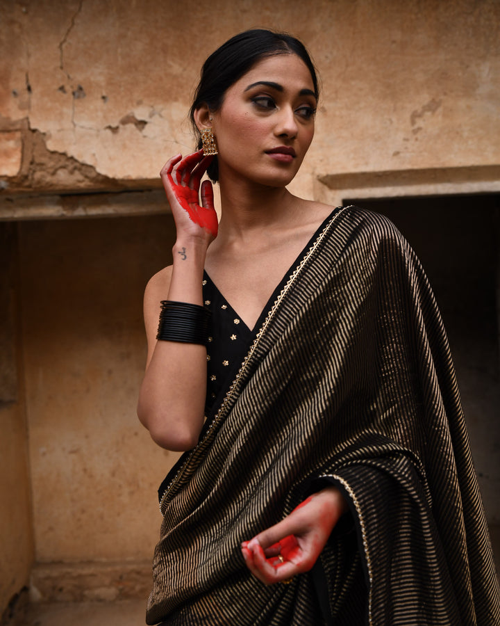 black tissue striped saree with blouse