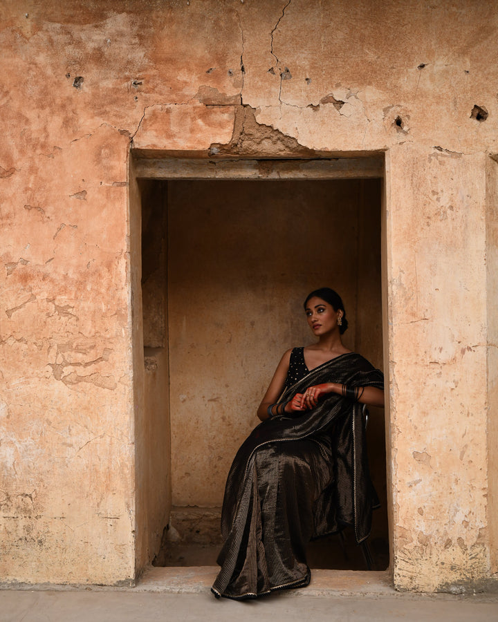 black tissue striped saree with blouse