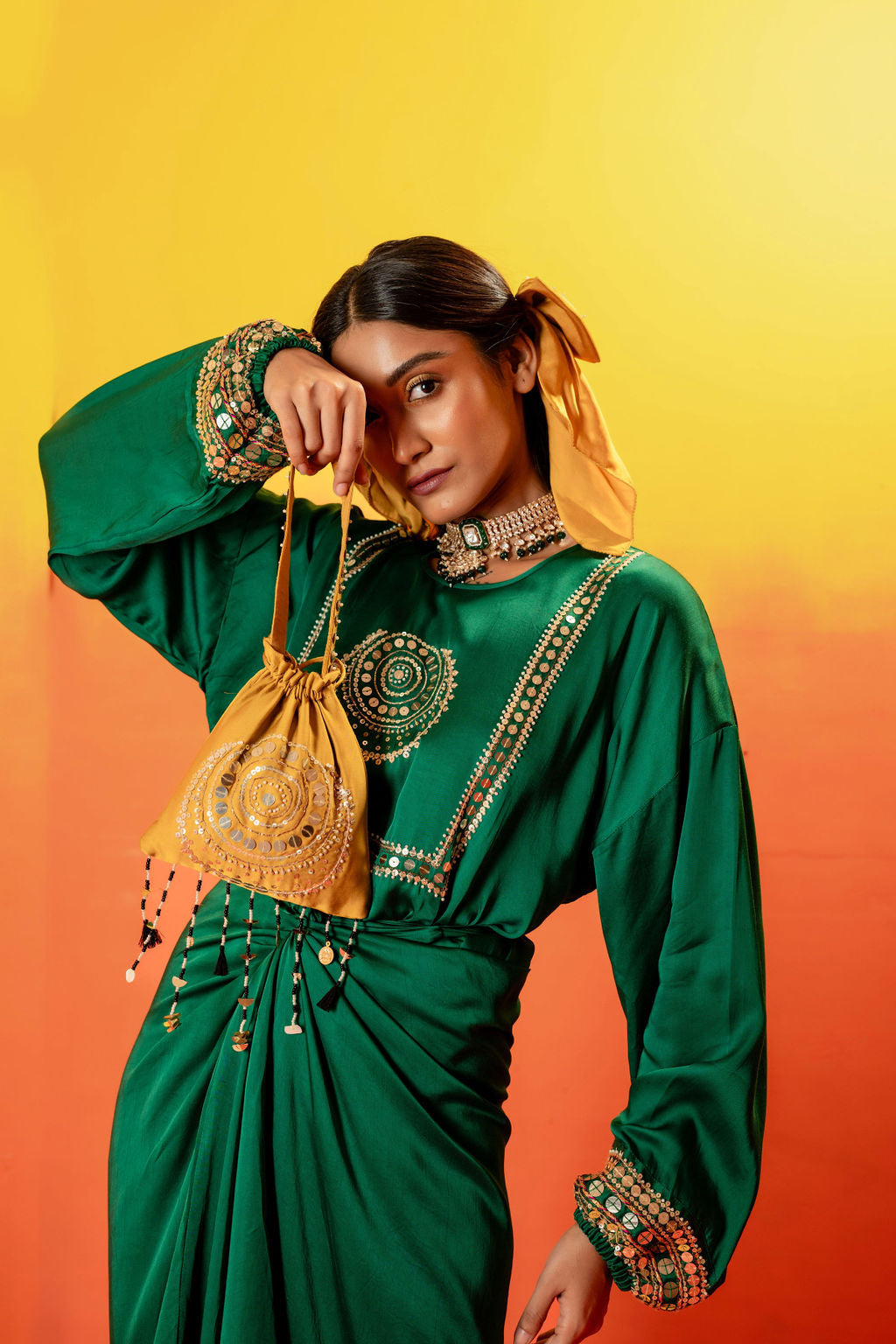 Vani Green Festive Tie Up Kurta Dress