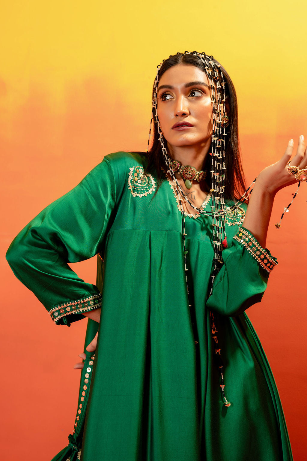 Vani Green Asymmetric Kurta With Dhoti