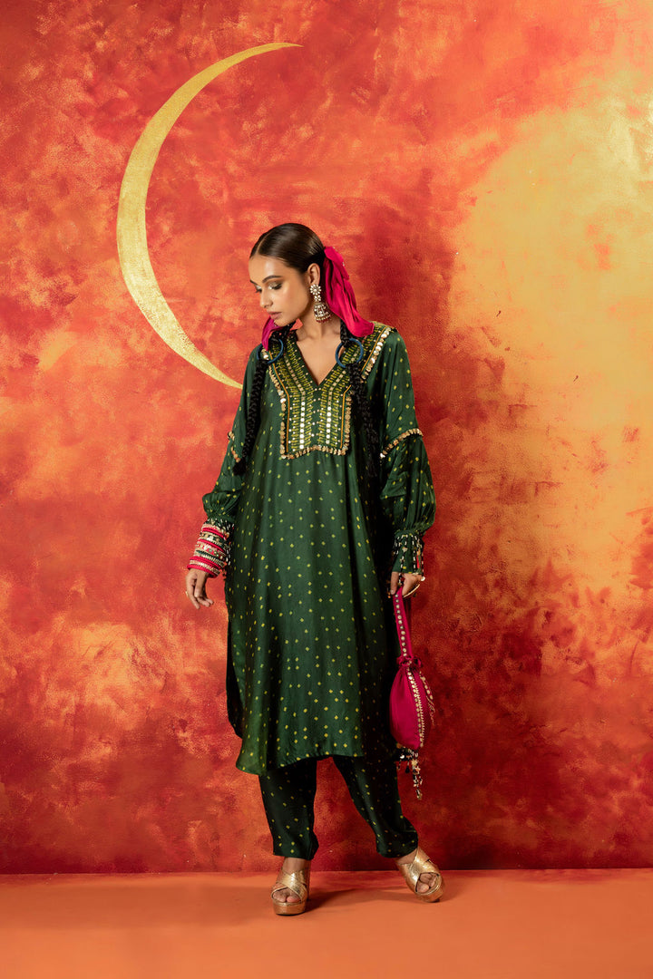 Hira AntiFit Ajrakh Green Kurta Set