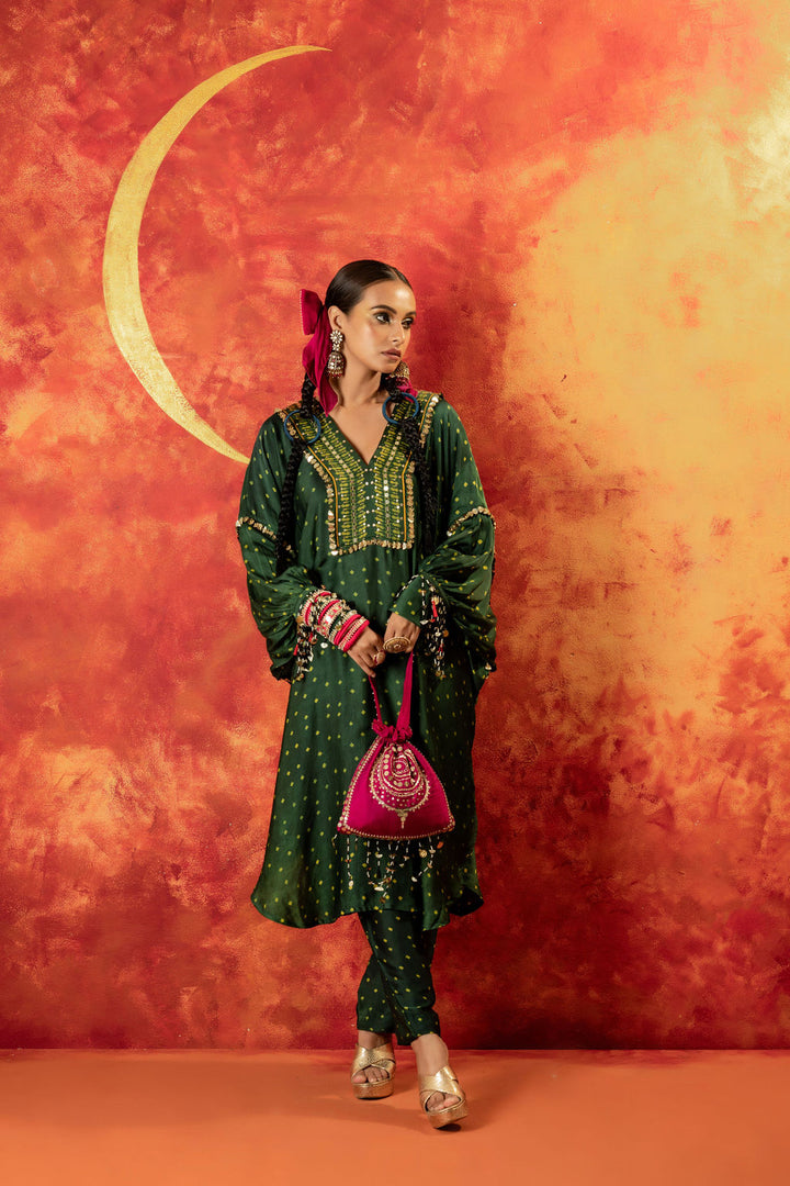 Hira AntiFit Ajrakh Green Kurta Set