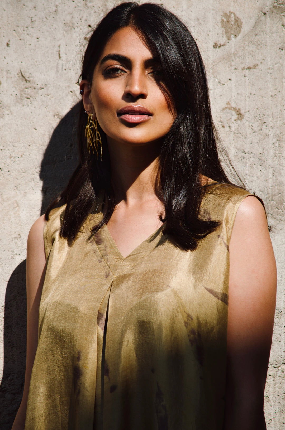 Gold eco-printed silk sleeveless kaftan