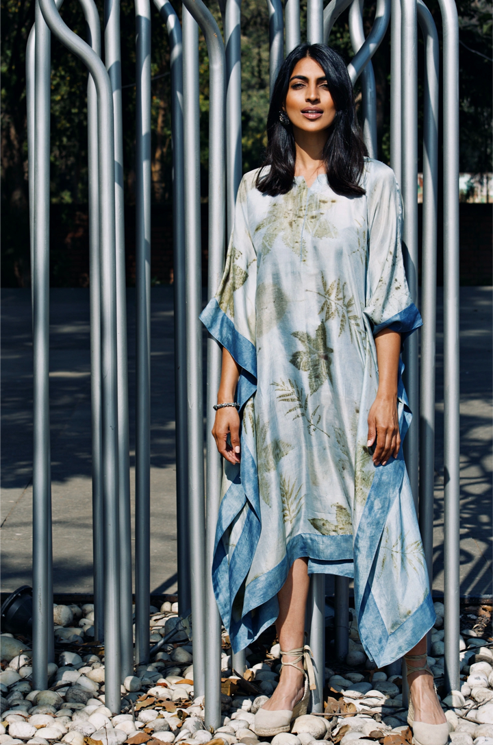 Blue bordered eco-printed silk kaftan