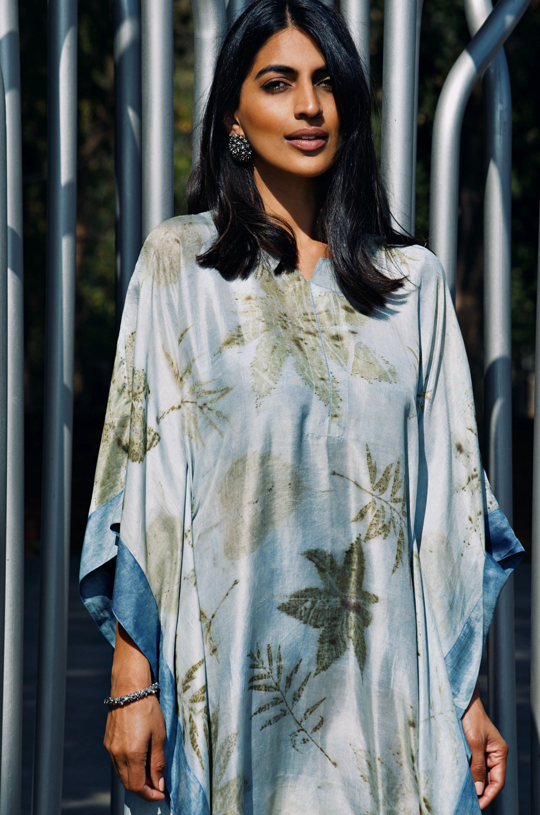 Blue bordered eco-printed silk kaftan