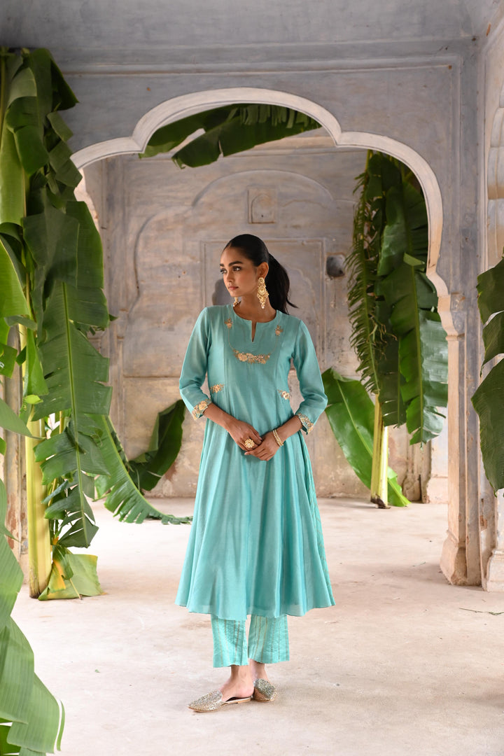 powder blue kali a-line kurta set
