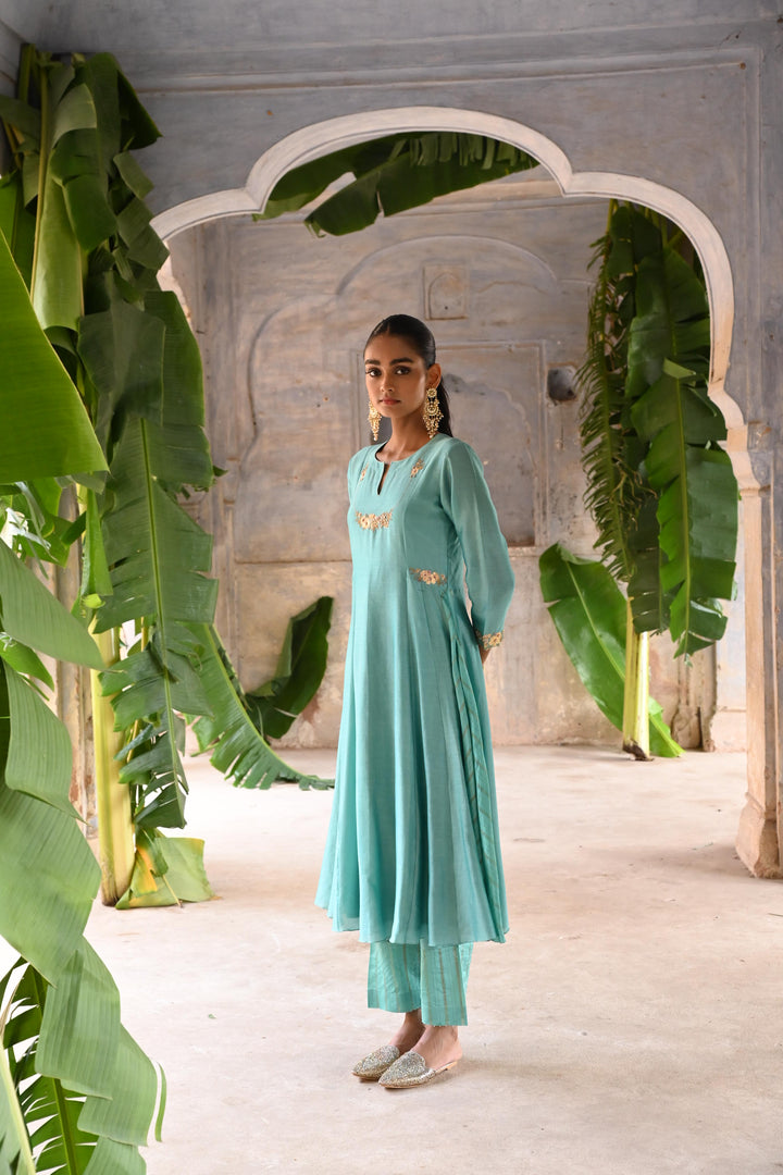 powder blue kali a-line kurta set