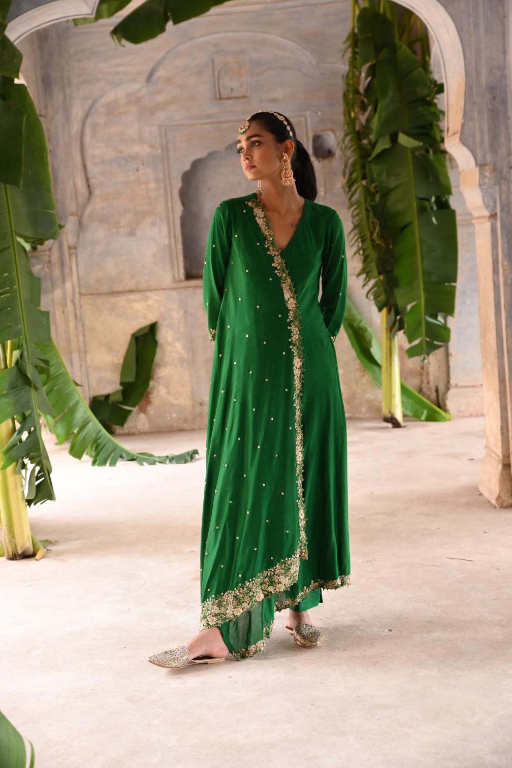 green cross over kurta set