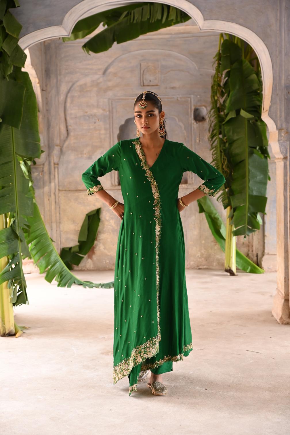 green cross over kurta set