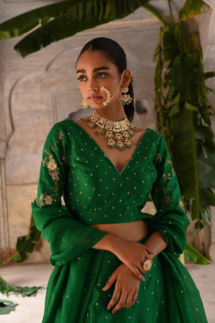 green hand embroidered lehenga set