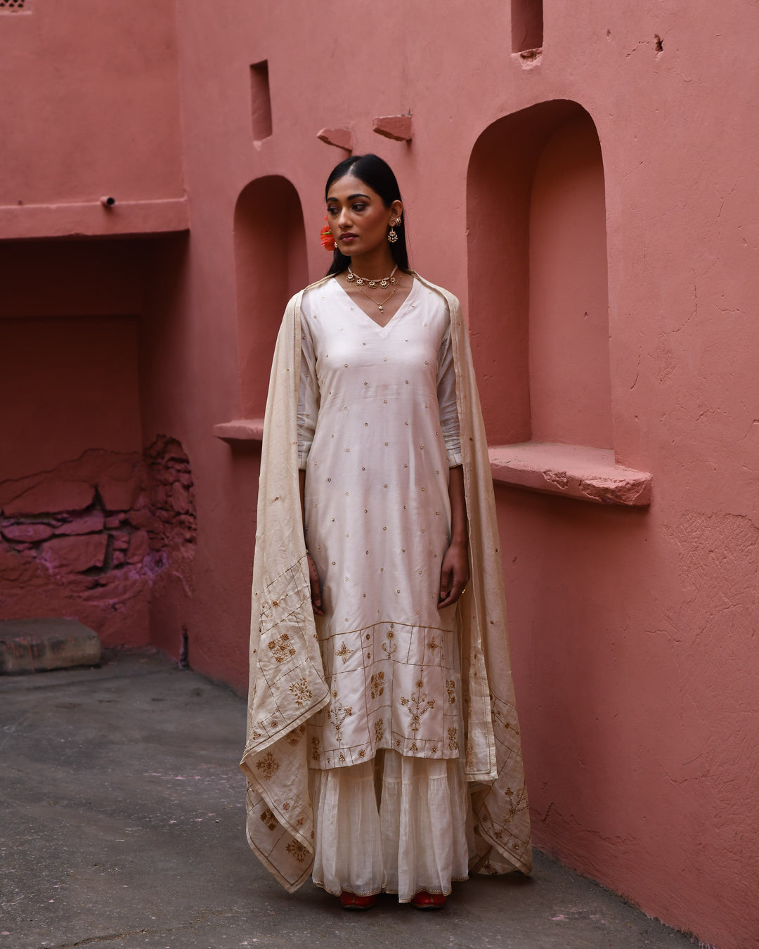 ivory hand embroidered straight kurta set