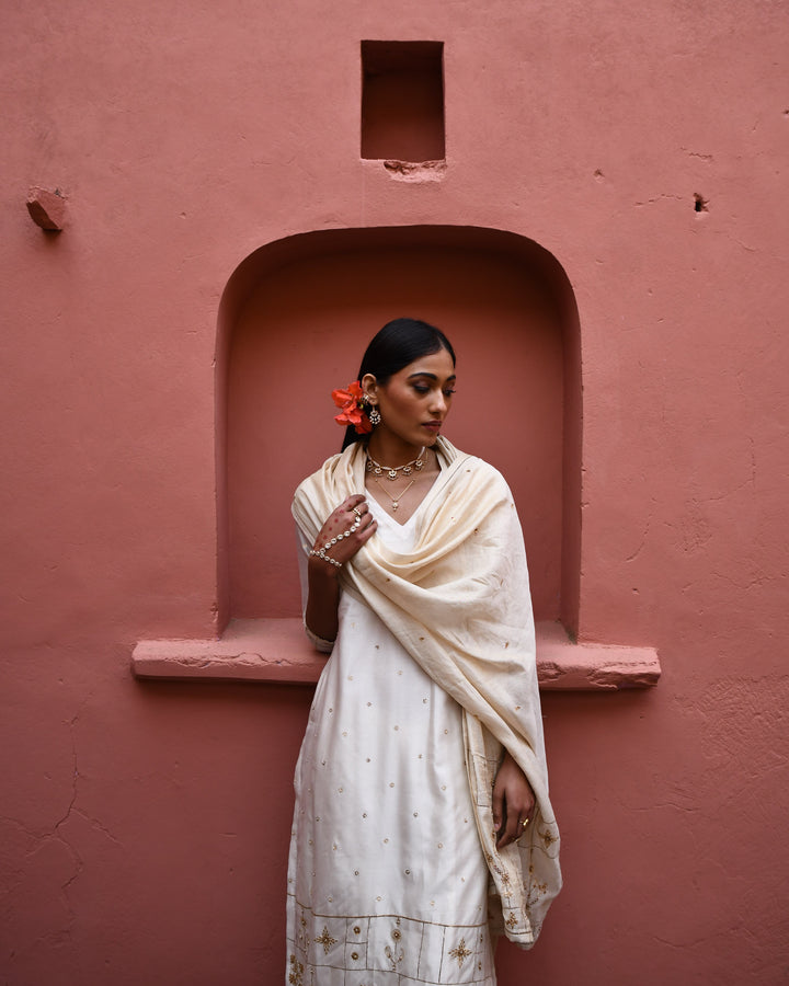 ivory hand embroidered straight kurta set