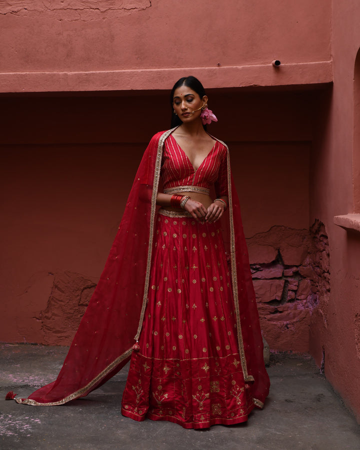 vermillion hand embroidered lehenga set