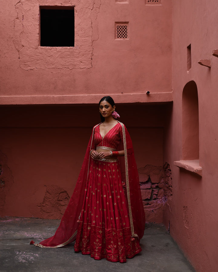 vermillion hand embroidered lehenga set