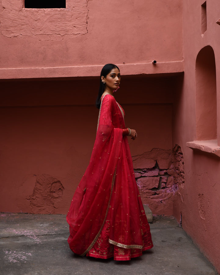 vermillion hand embroidered lehenga set