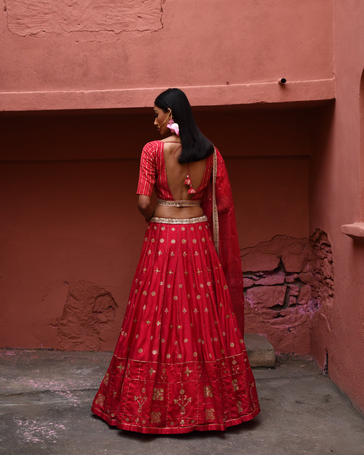 vermillion hand embroidered lehenga set