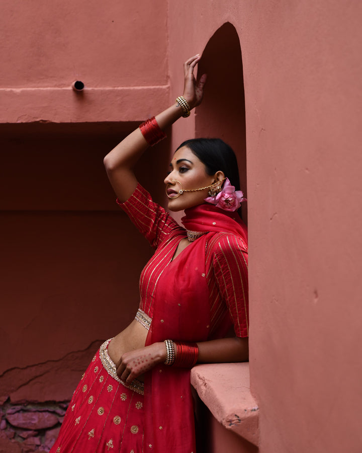 vermillion hand embroidered lehenga set