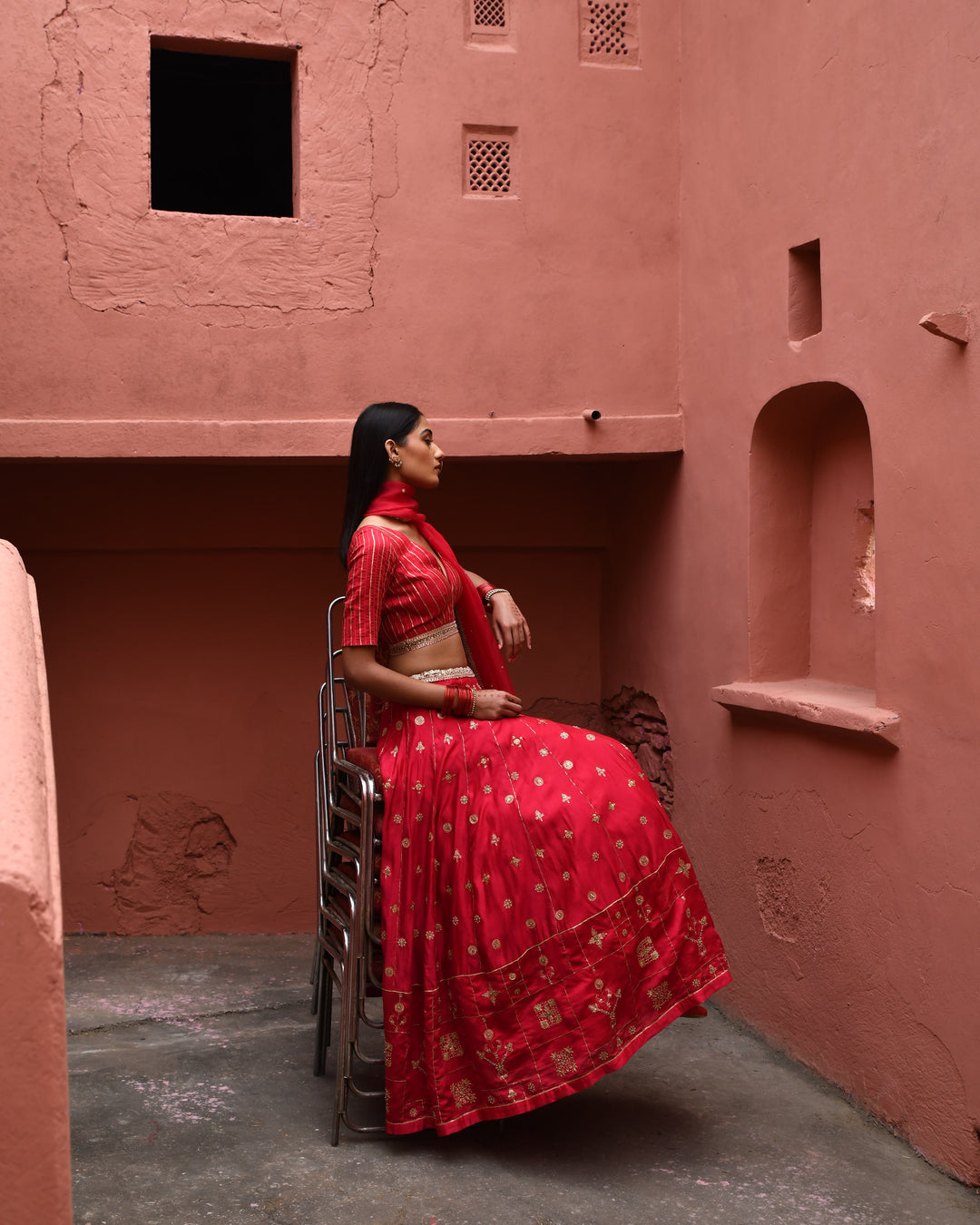 vermillion hand embroidered lehenga set