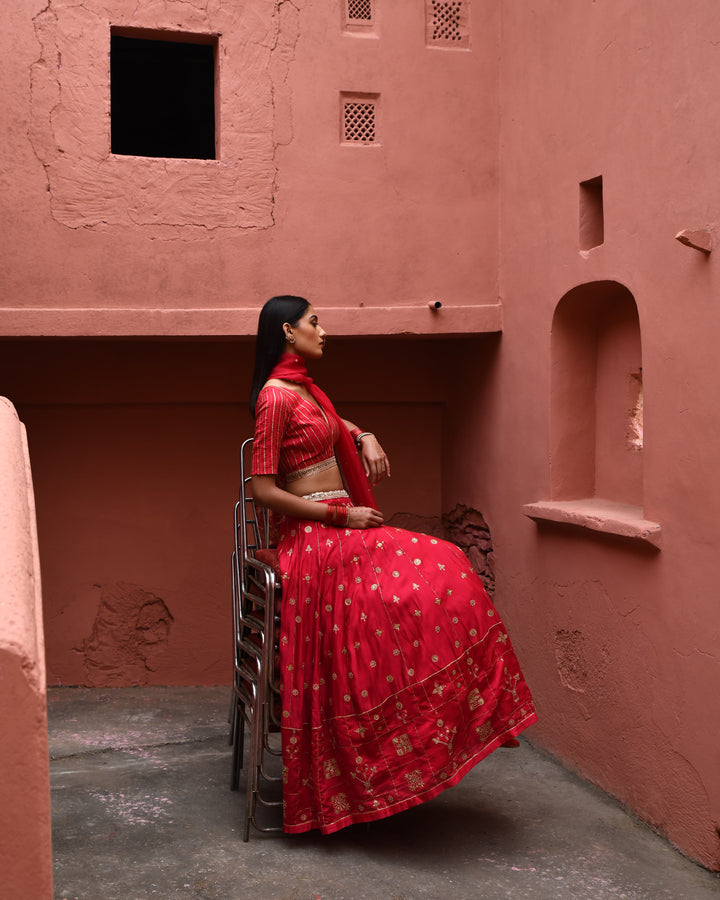 vermillion hand embroidered lehenga set