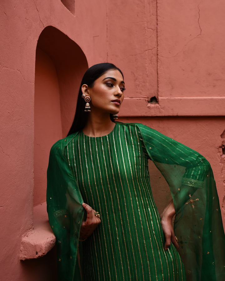 green strip straight kurta set