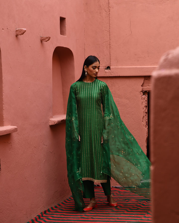 green strip straight kurta set