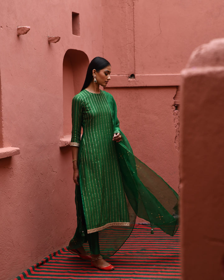 green strip straight kurta set