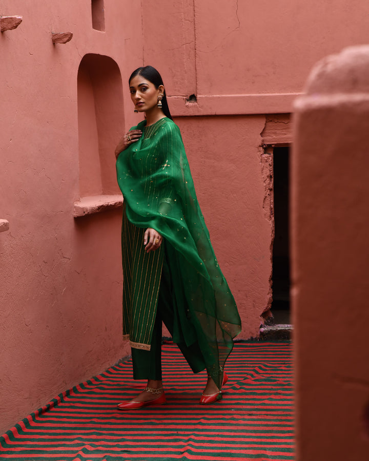 green strip straight kurta set