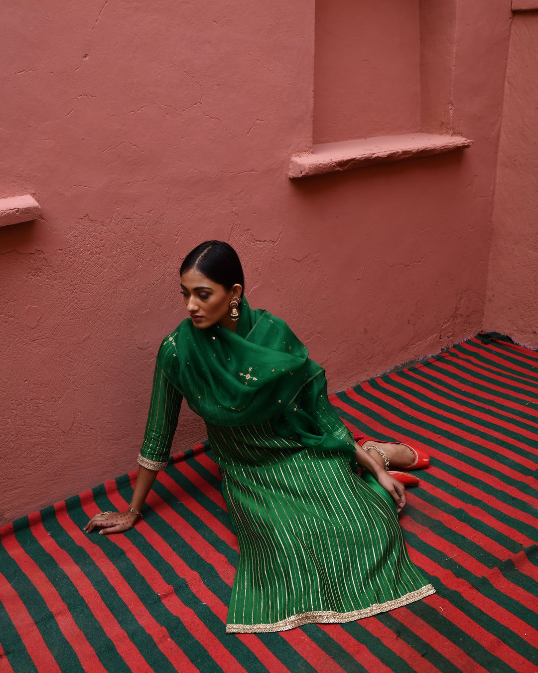 green strip straight kurta set