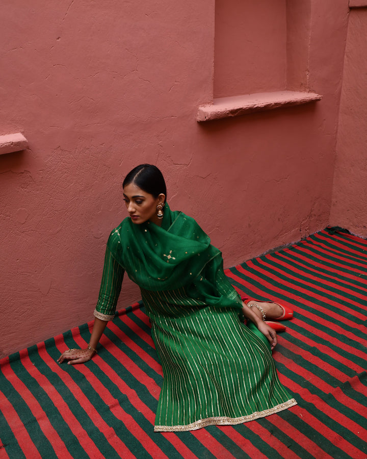 green strip straight kurta set