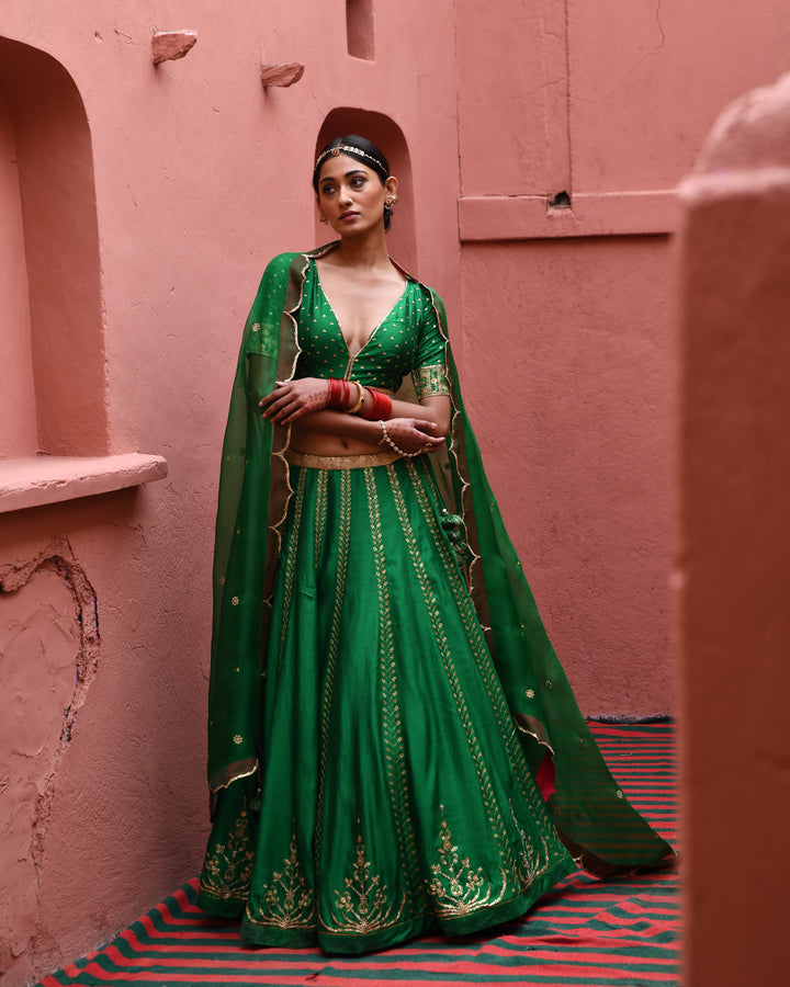 green hand embroidered lehenga set