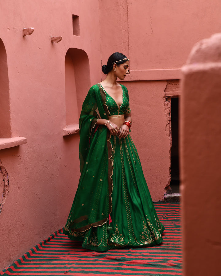 green hand embroidered lehenga set
