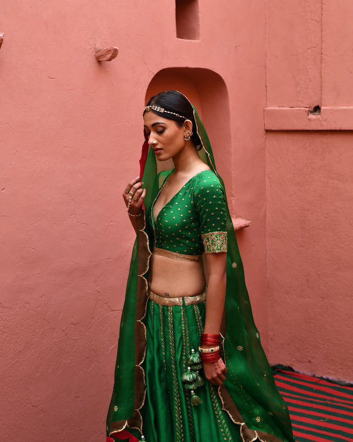 green hand embroidered lehenga set
