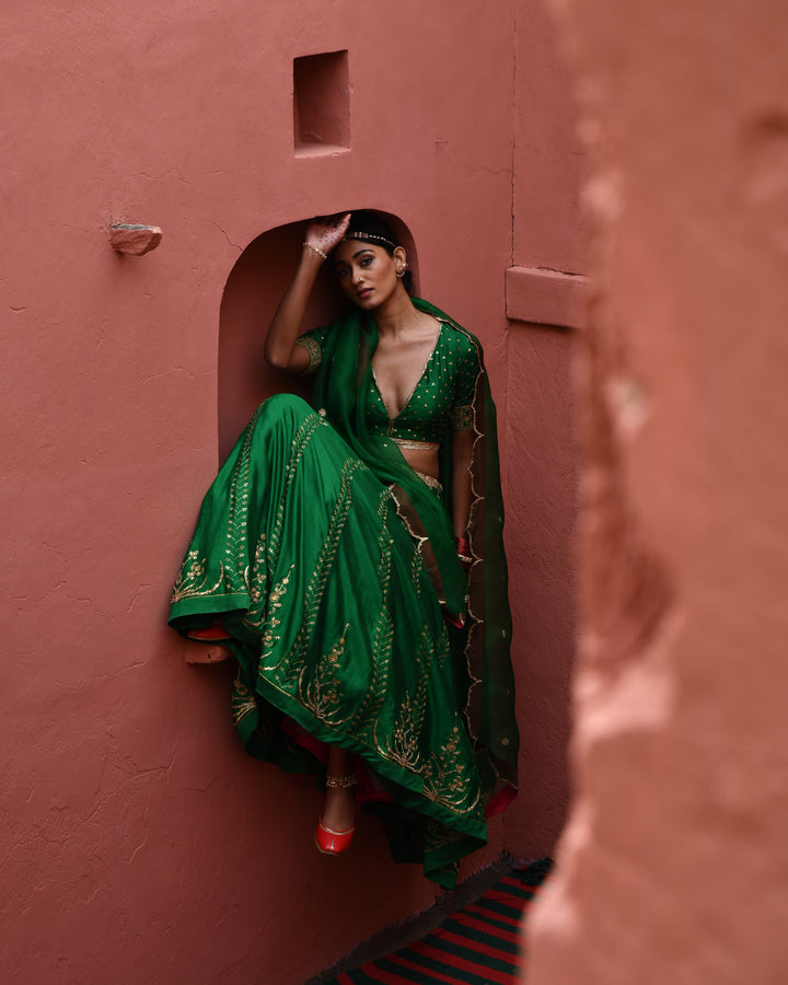 green hand embroidered lehenga set