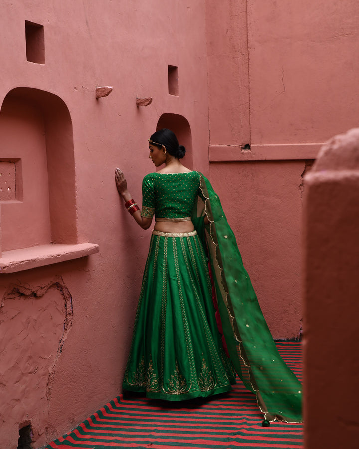 green hand embroidered lehenga set
