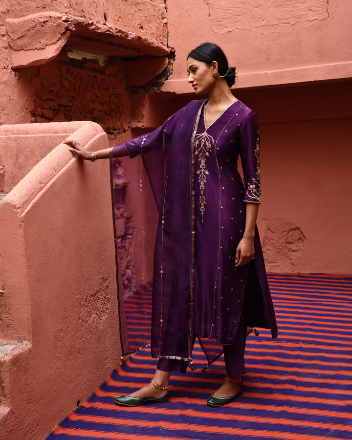 aubergine panelled straight kurta set