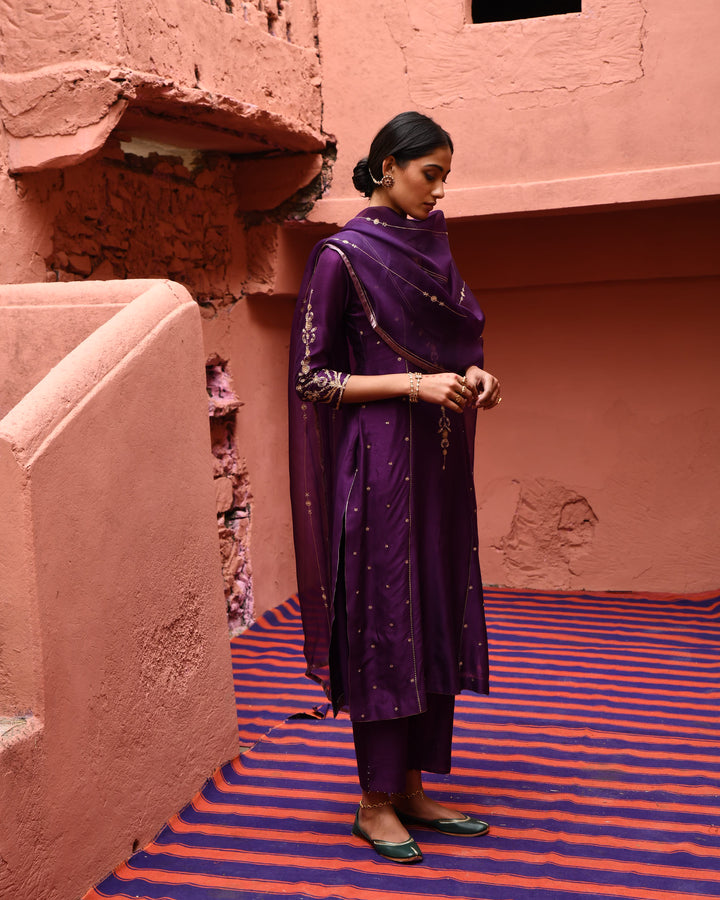 aubergine panelled straight kurta set