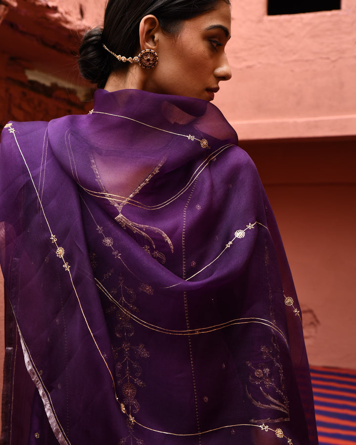 aubergine panelled straight kurta set