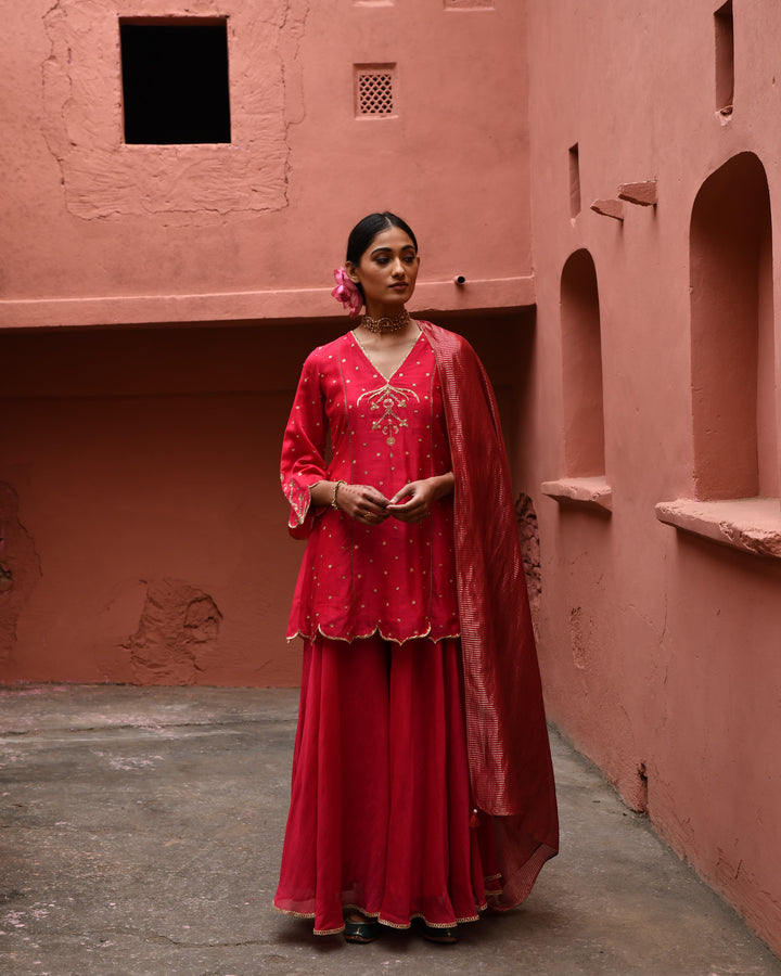 vermillion panelled short kurta set