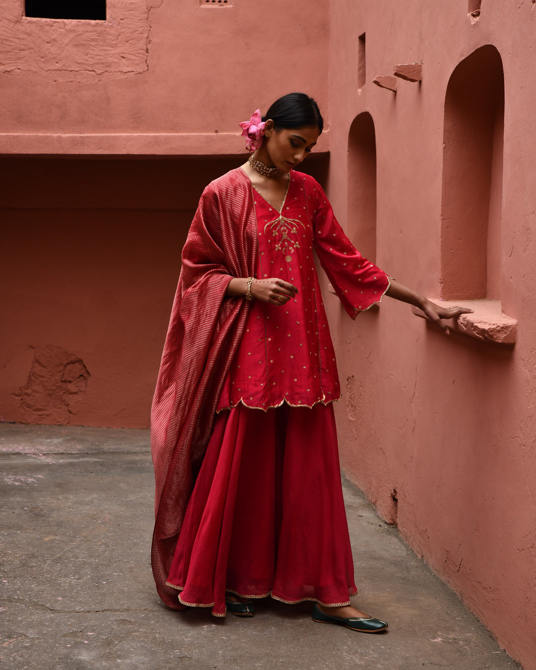 vermillion panelled short kurta set