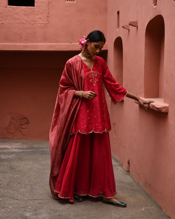 vermillion panelled short kurta set