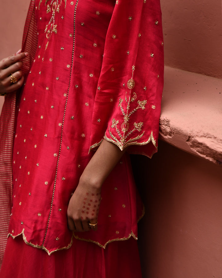 vermillion panelled short kurta set