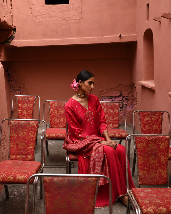 vermillion panelled short kurta set