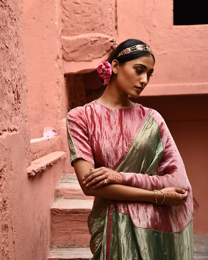 green metallic saree with color block blouse